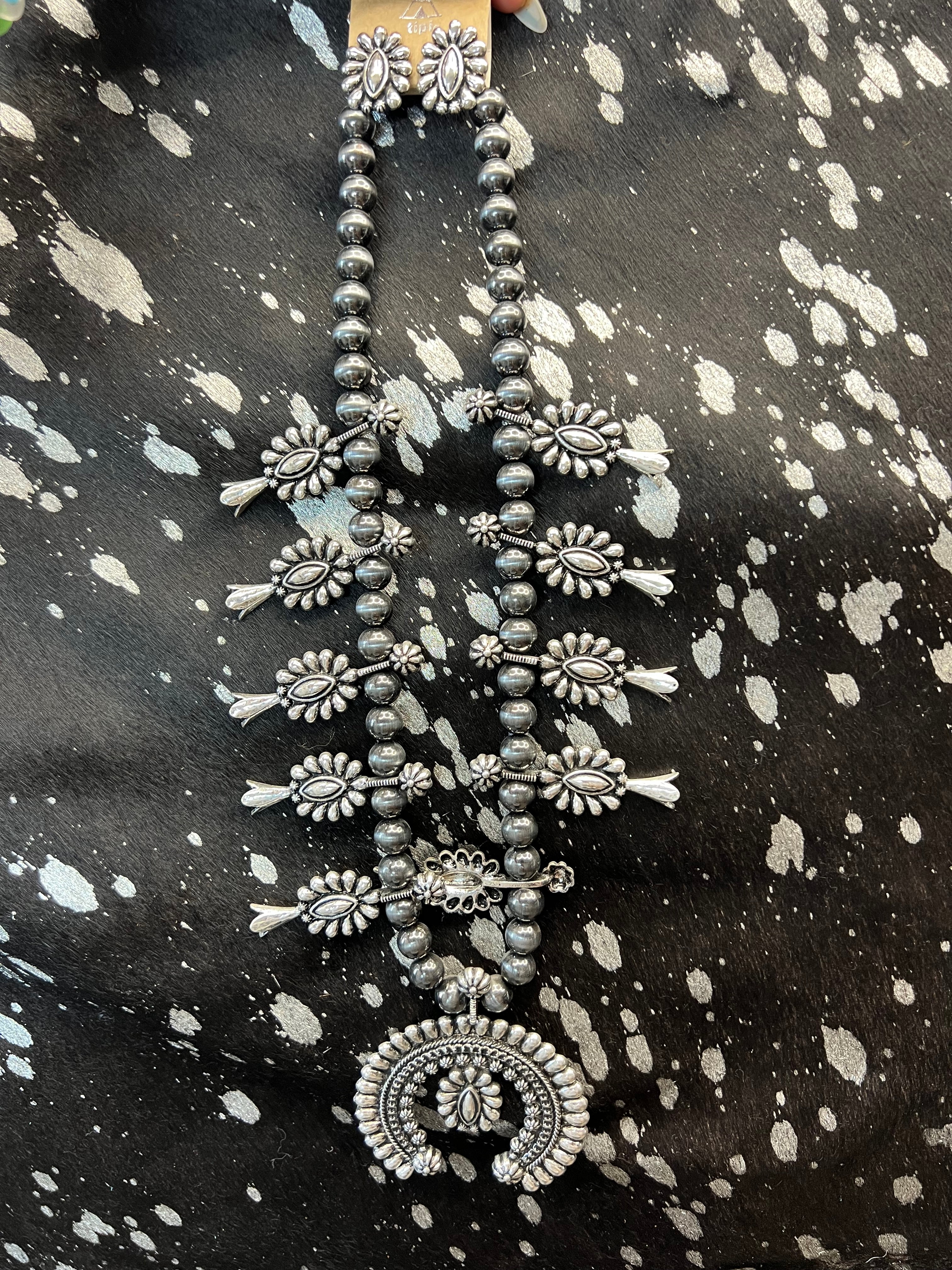 Silver Squash Blossom Necklace With Matching Earrings