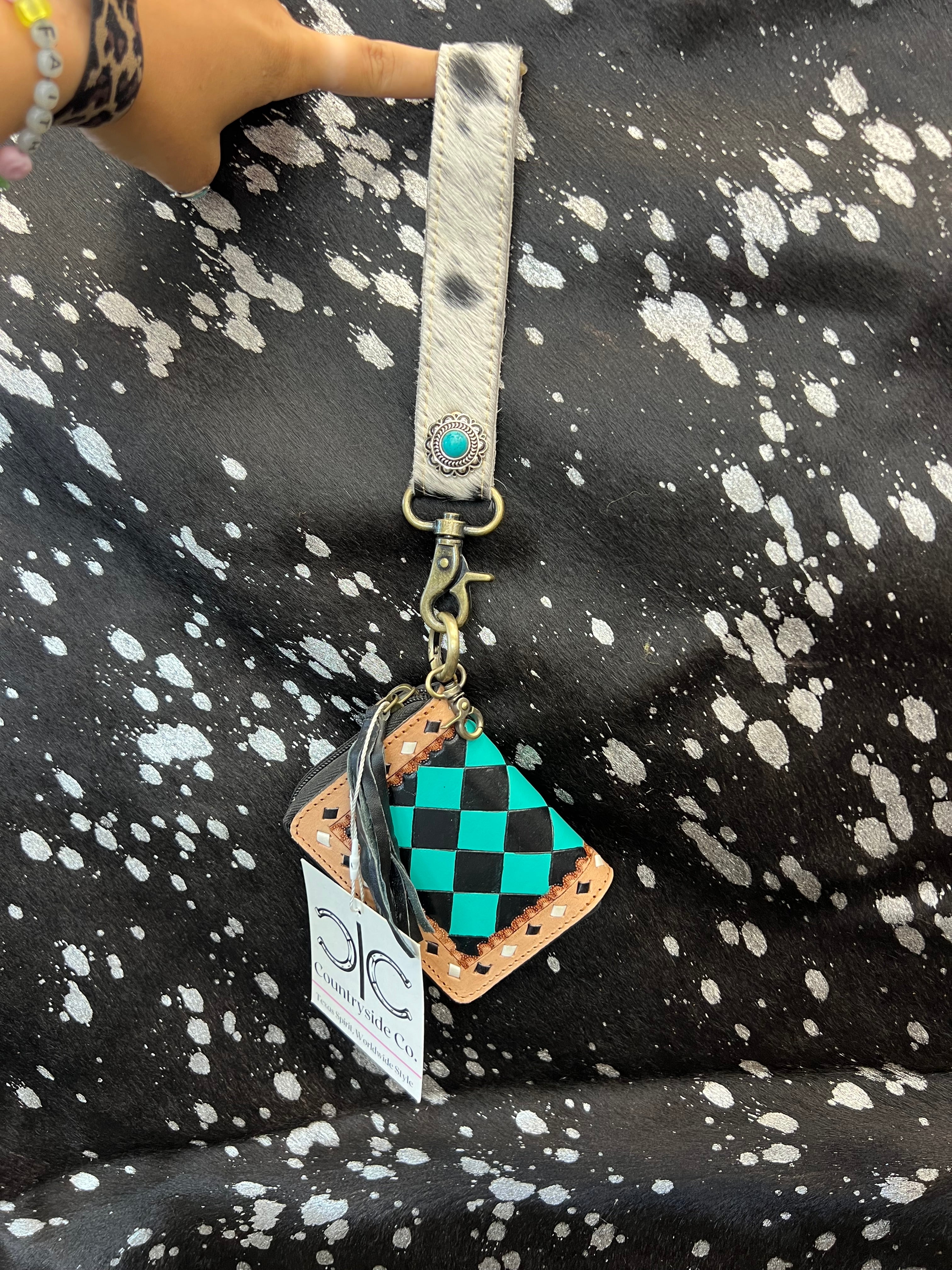 Teal Checkered Wristlet