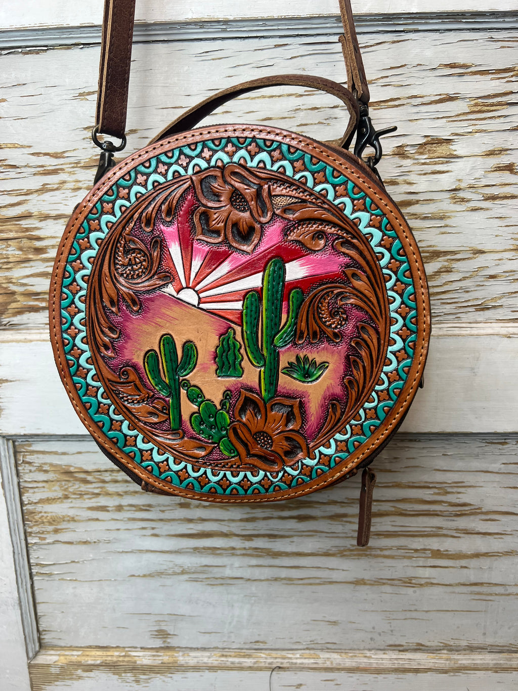 Hand-Painted Cactus Sunset Round Leather Purse