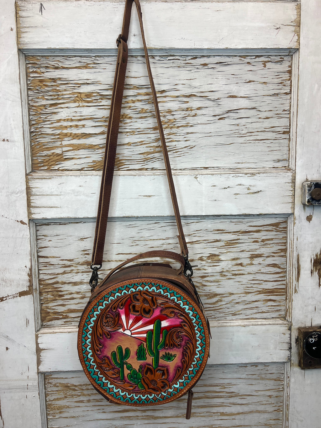 Hand-Painted Cactus Sunset Round Leather Purse
