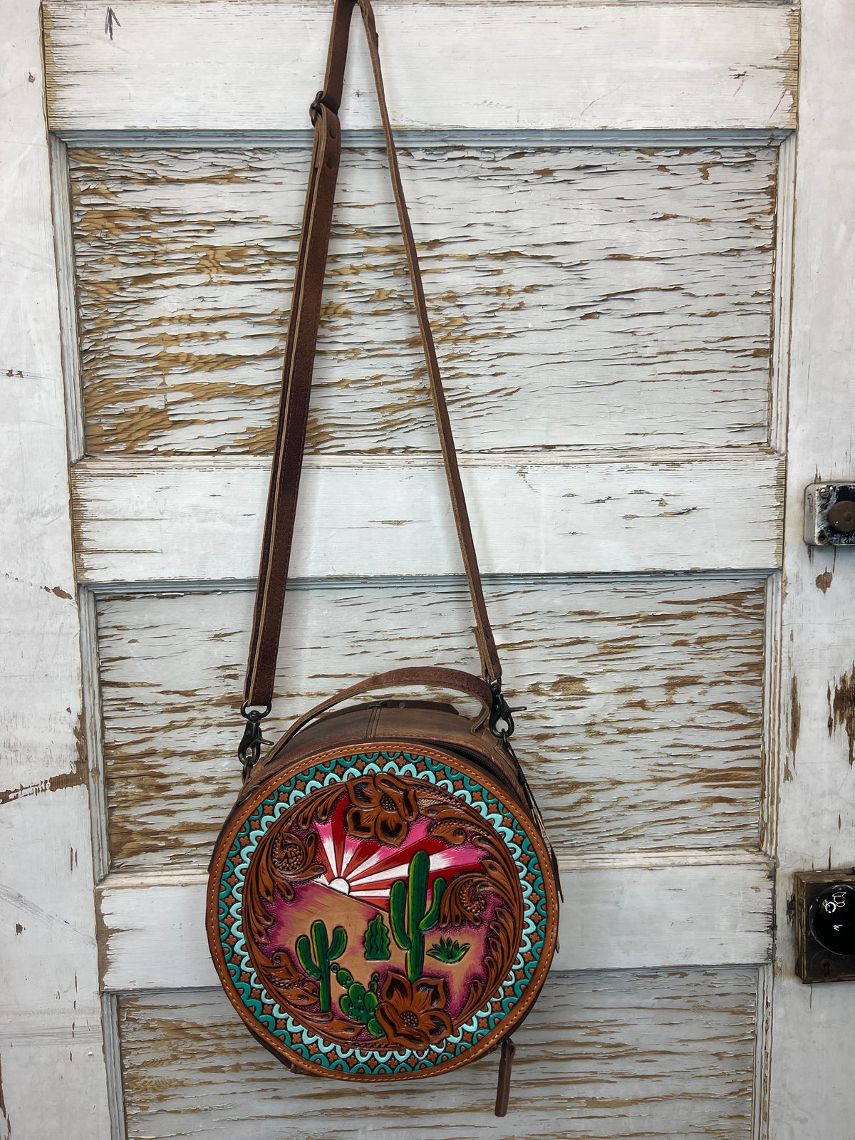 Hand-Painted Cactus Sunset Round Leather Purse