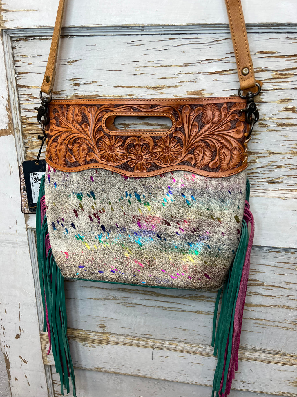 Rainbow Cowhide Crossbody Purse with Tooled Leather Flap