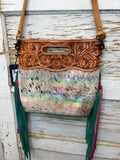 Rainbow Cowhide Crossbody Purse with Tooled Leather Flap