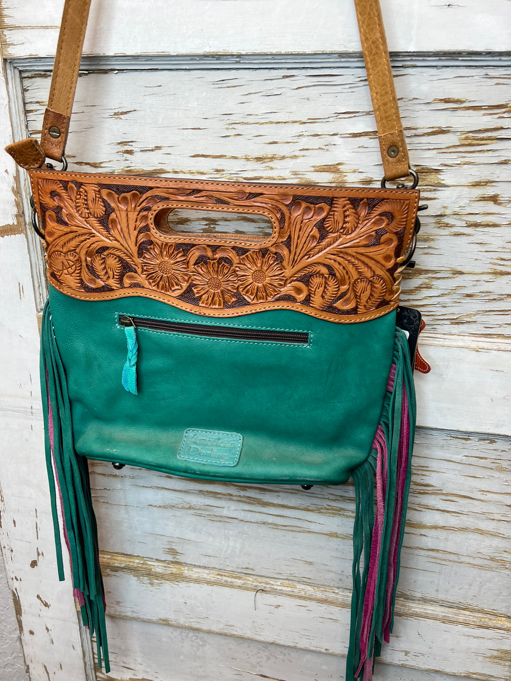 Rainbow Cowhide Crossbody Purse with Tooled Leather Flap