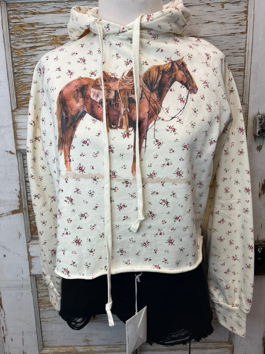Cropped Zip Hoodie with Horse Print - Rose Ranch