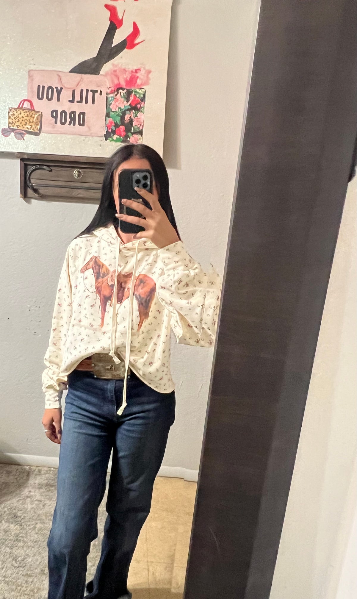 Cropped Zip Hoodie with Horse Print - Rose Ranch