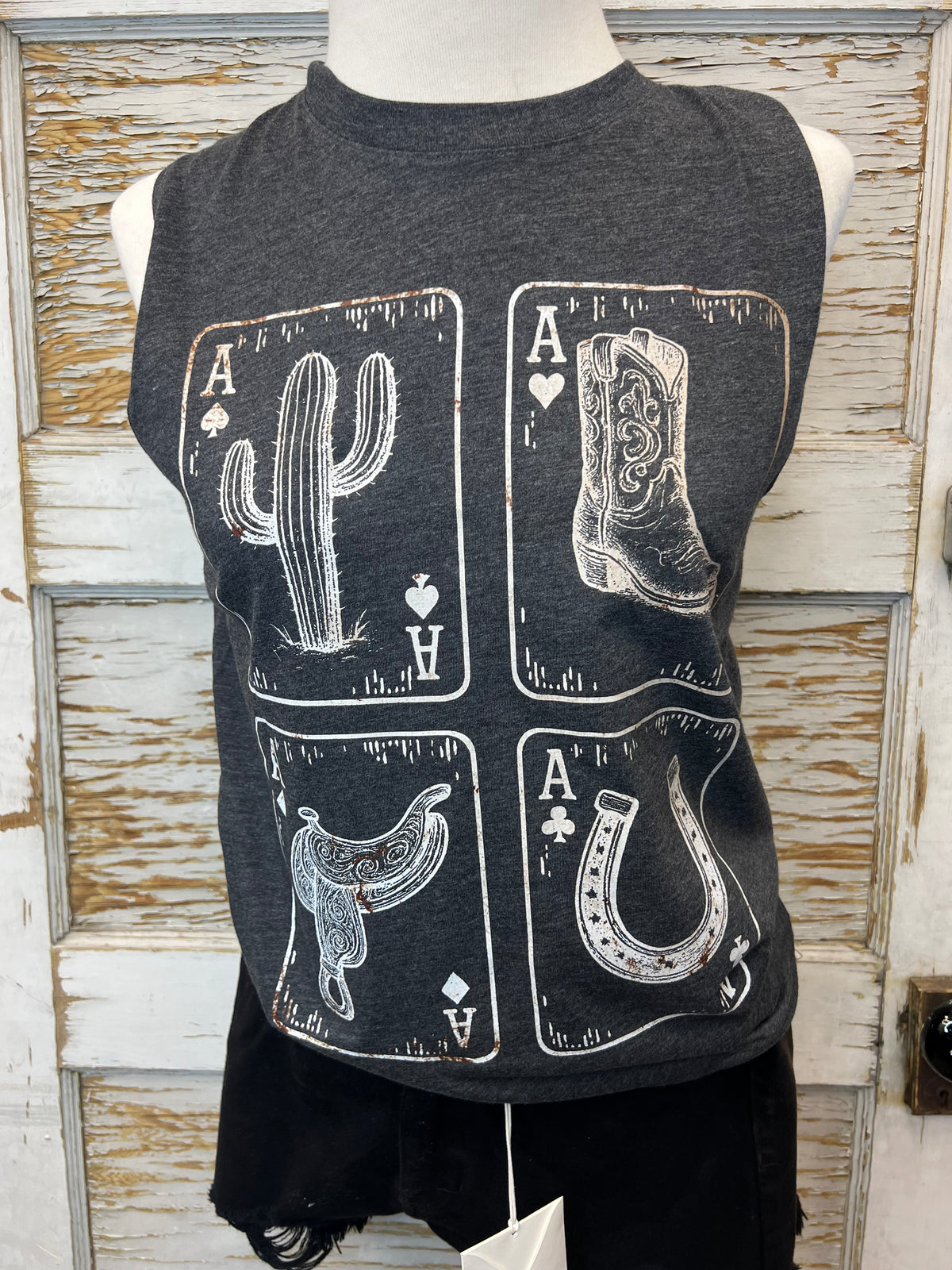 Playing Card Graphic Tank Top - Cactus, Boot and Spade Aces