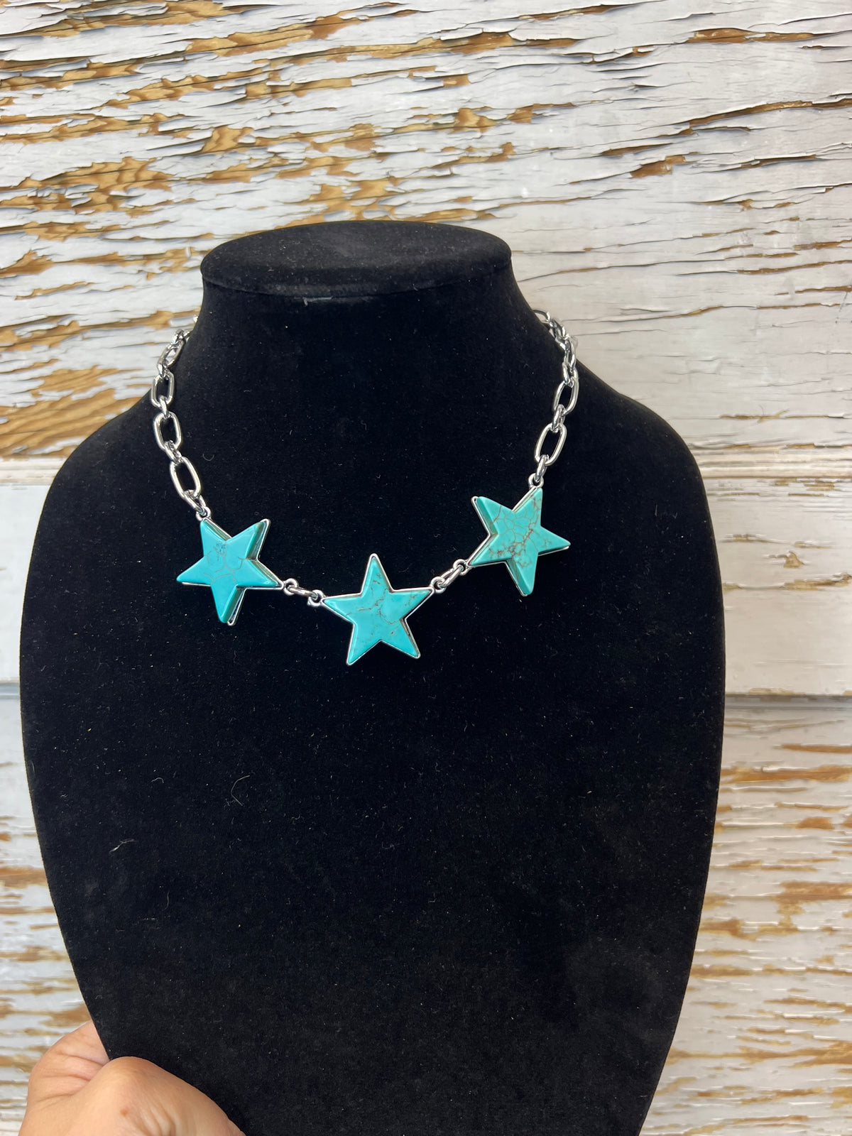 Triple Turquoise Star Necklace on Silver Chain