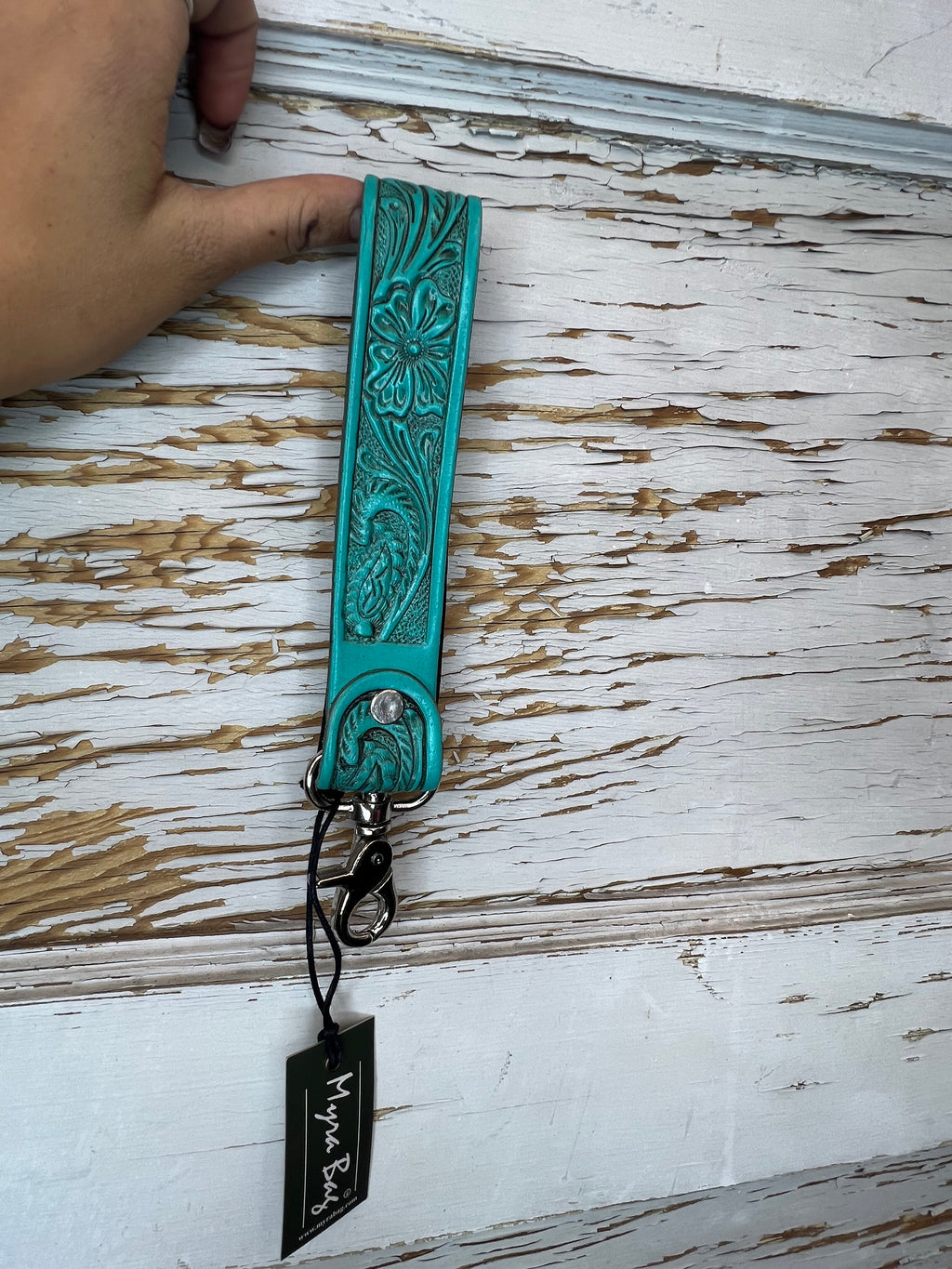 Tooled Leather Wristlet Keychain with Clip