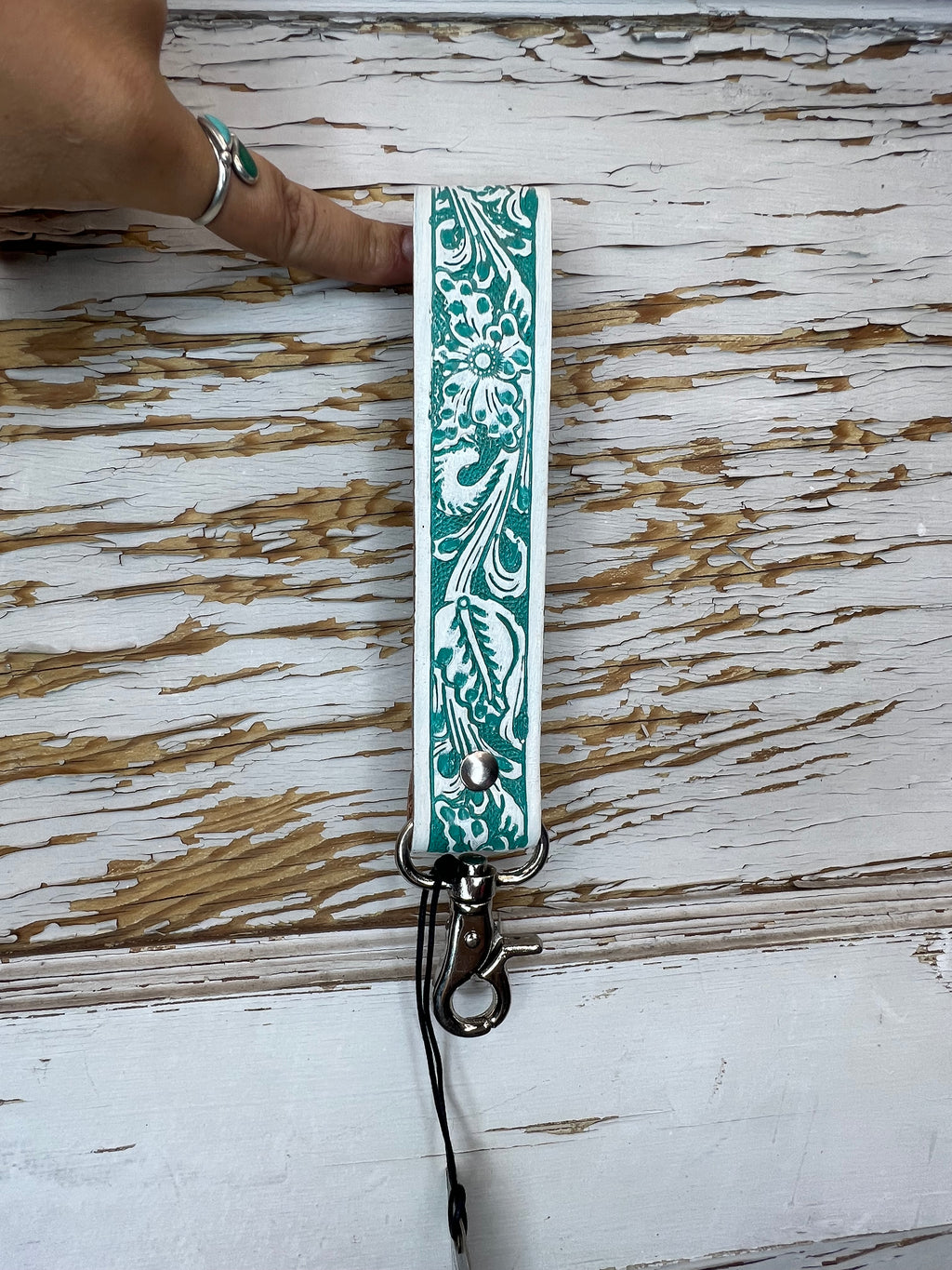 Tooled Leather Wristlet Keychain with Clip