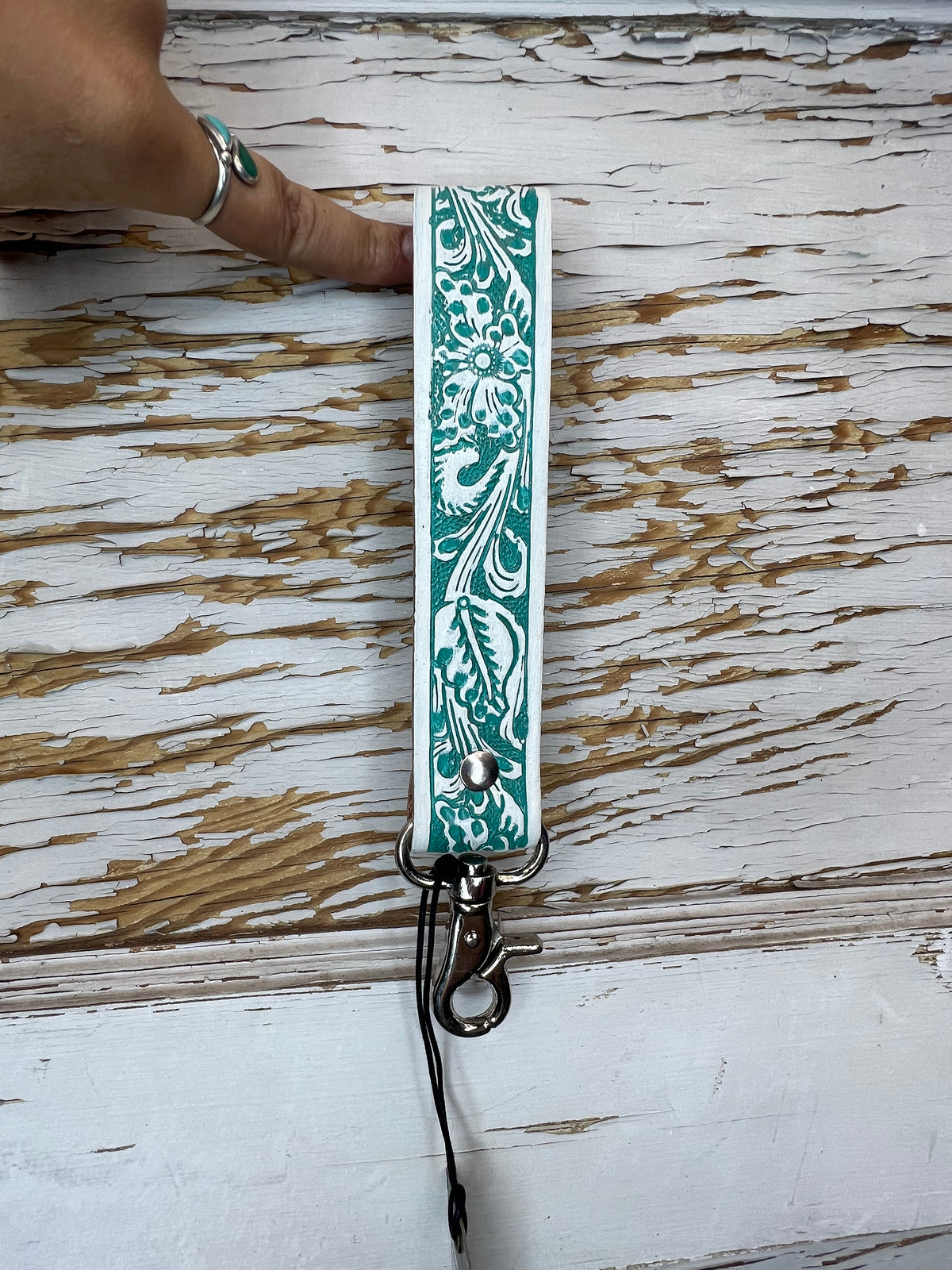 Tooled Leather Wristlet Keychain with Clip
