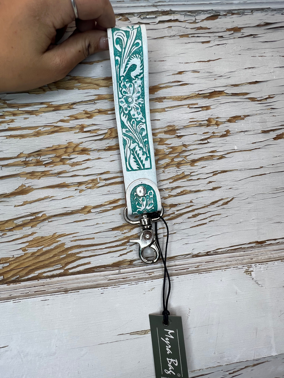 Tooled Leather Wristlet Keychain with Clip