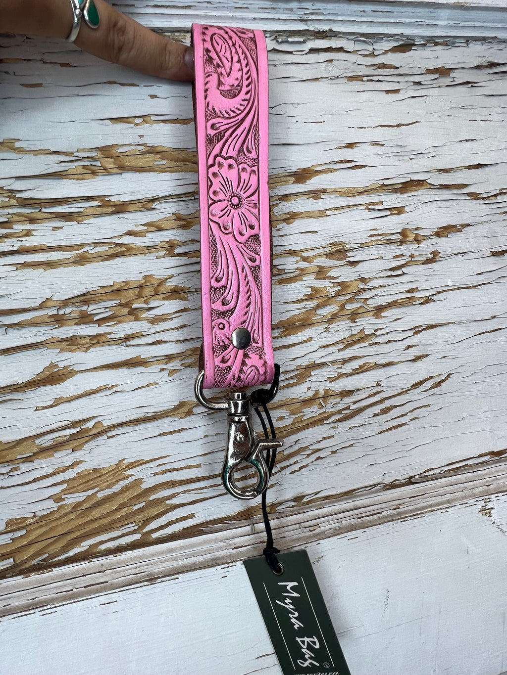 Tooled Leather Wristlet Keychain with Clip