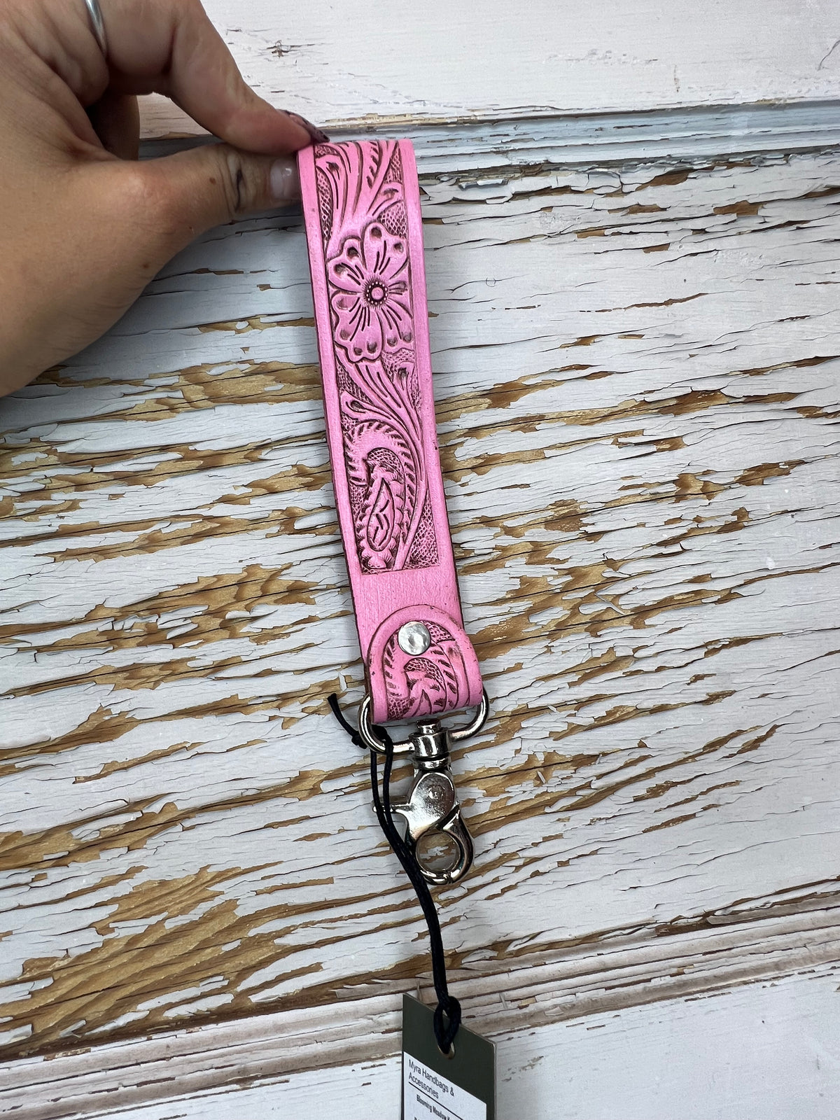 Tooled Leather Wristlet Keychain with Clip