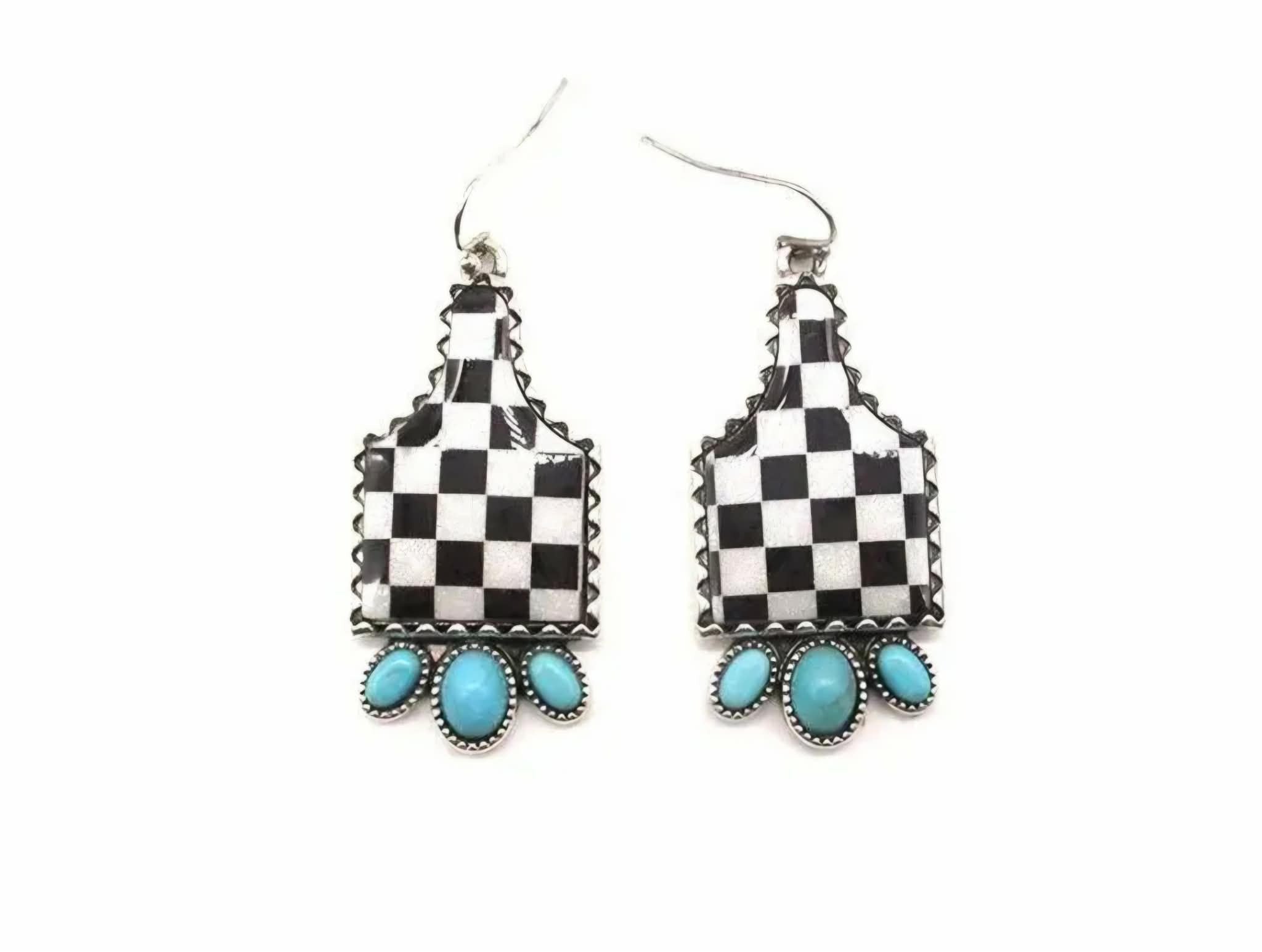 Checkered Cow Tag Earrings