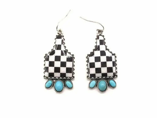 Checkered Cow Tag Earrings